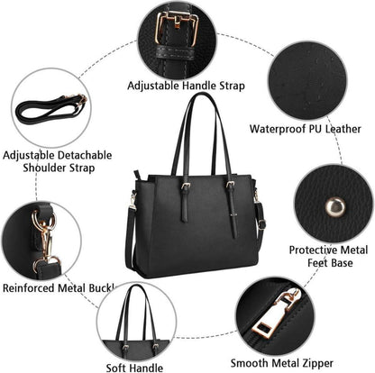 Handtasche Damen Shopper Schwarz Große Laptop Tasche 15.6 Zoll Elegant Leder Umhängetasche Business Schule