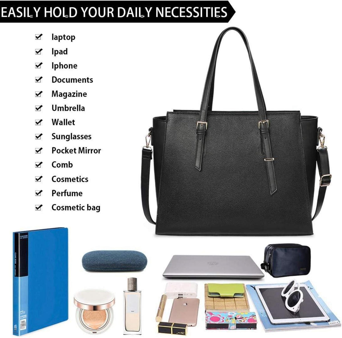 Handtasche Damen Schwarz Groß 15.6 Zoll Elegant Leder Umhängetasche Business