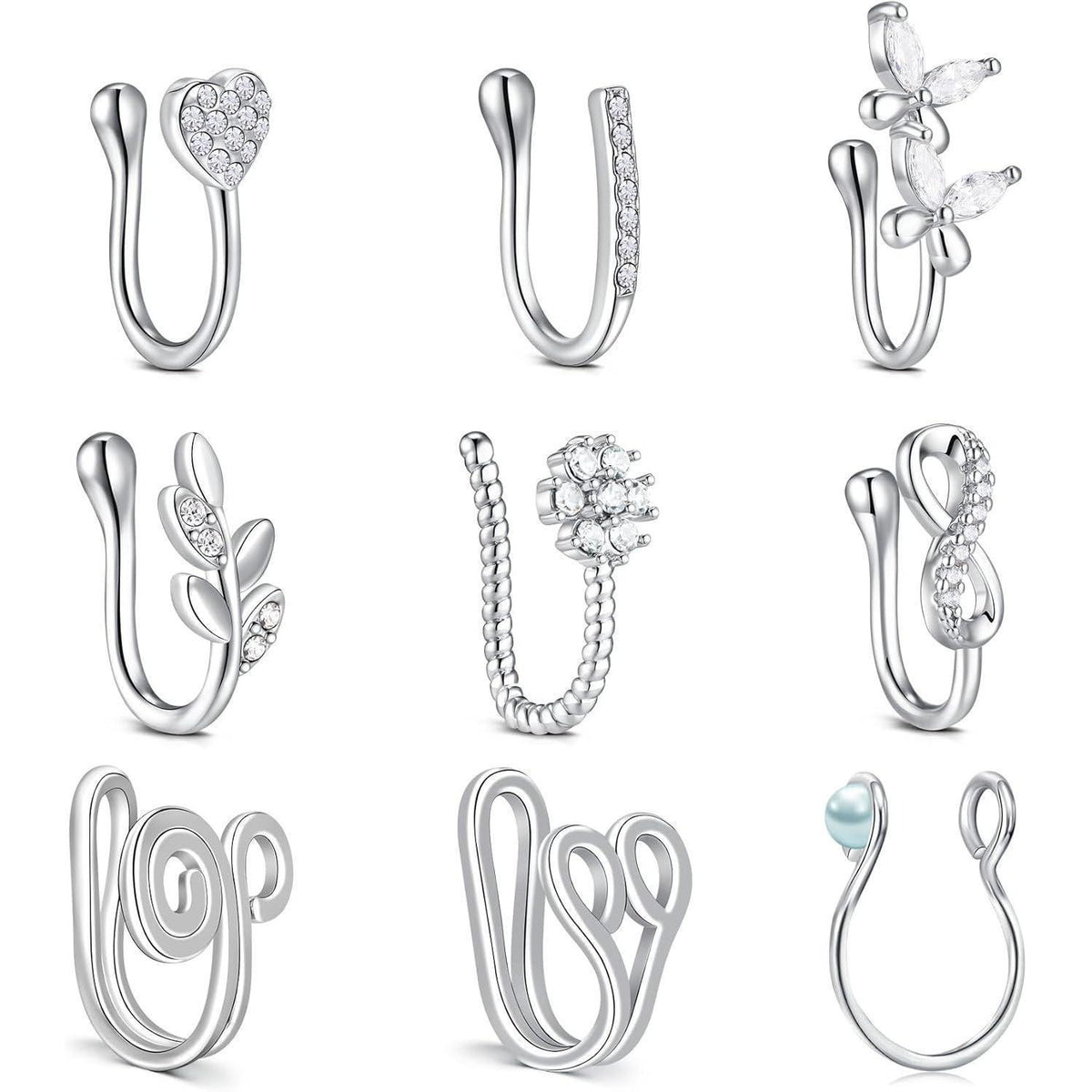 Fake Nasenpiercing Set 9 Stück Edelstahl Silber Stil 2