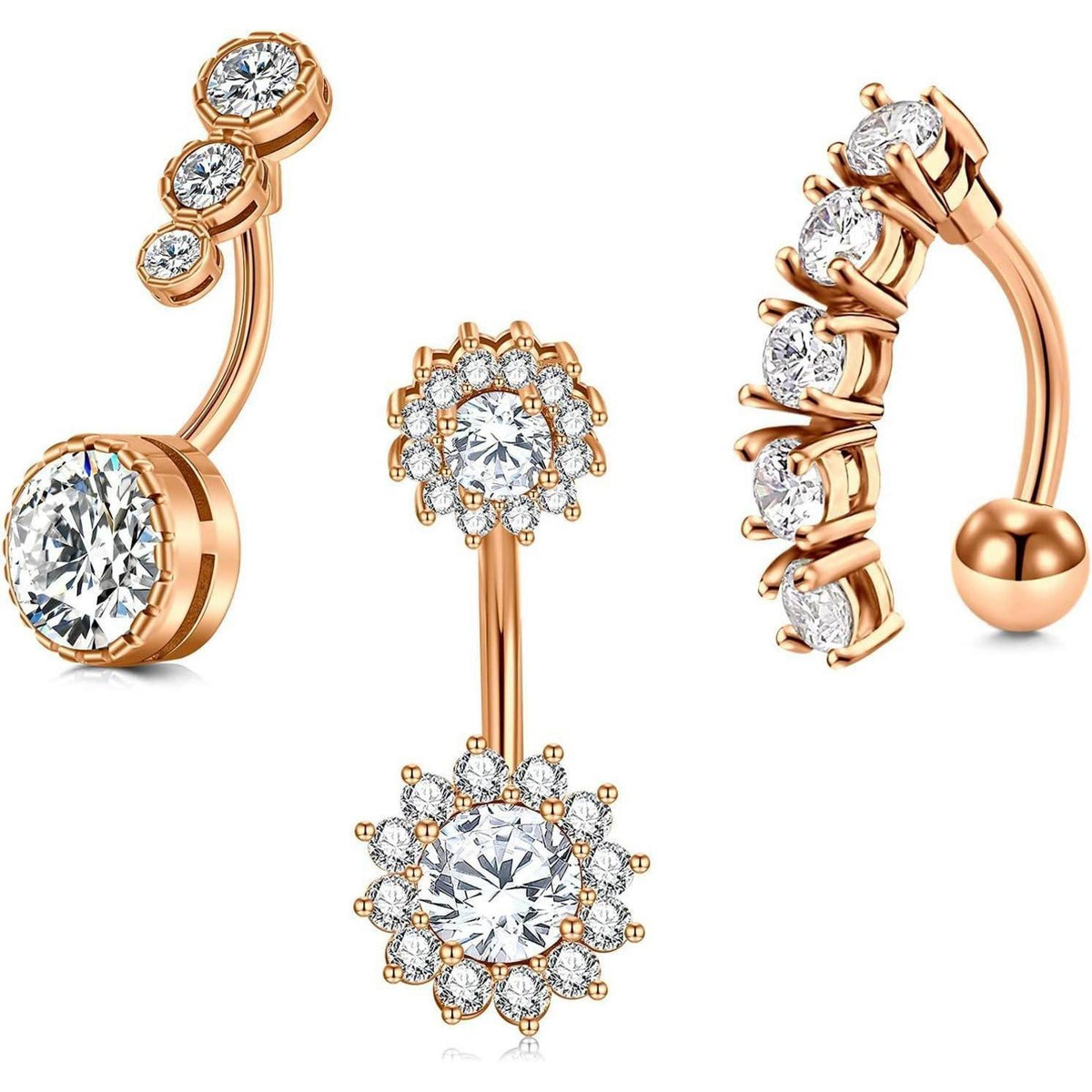 Bauchnabelpiercing 14G Rosegold Kristallkugel 3er Set