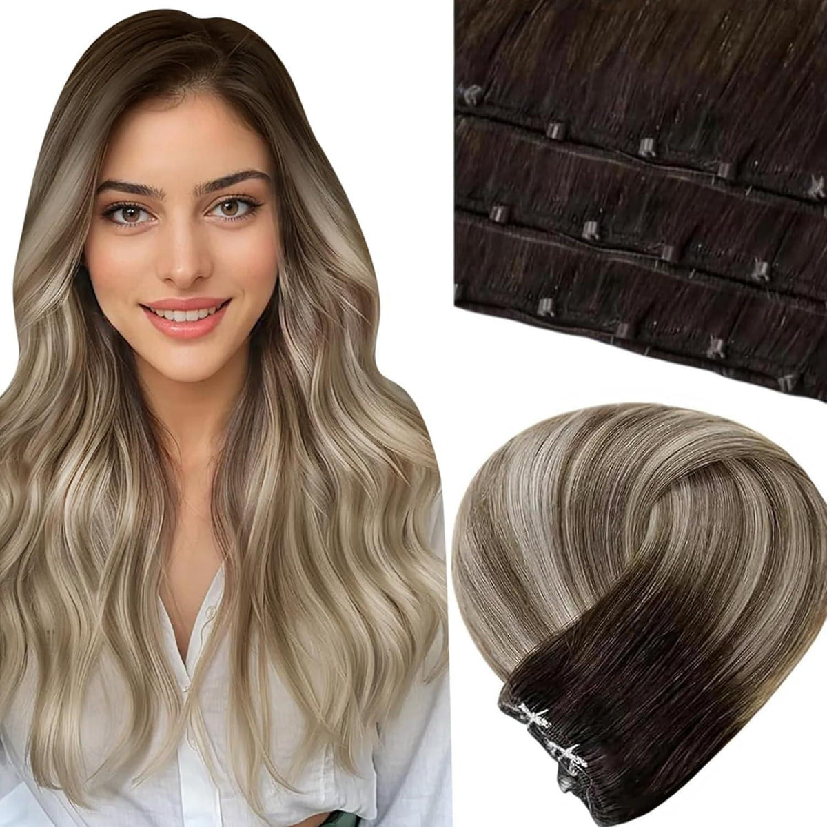 Remy Echthaar Tressen 55cm Dunkelbraun Ombre Micro Weft