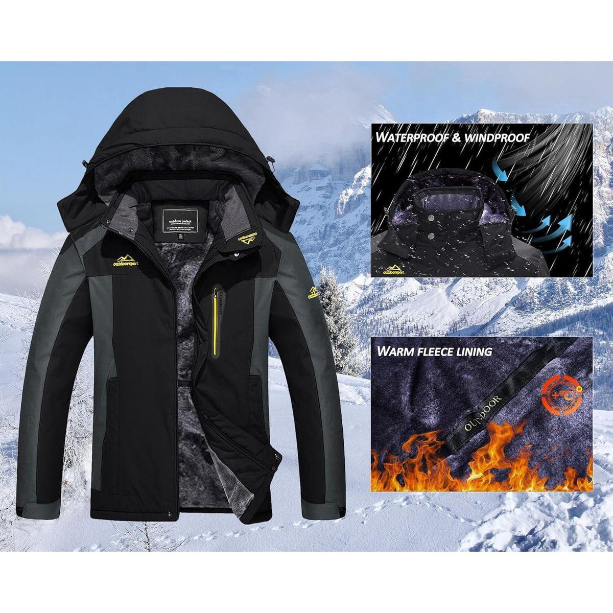Herren Winterjacke Wasserdicht Warm Gefüttert Skijacke Schwarz-Grau