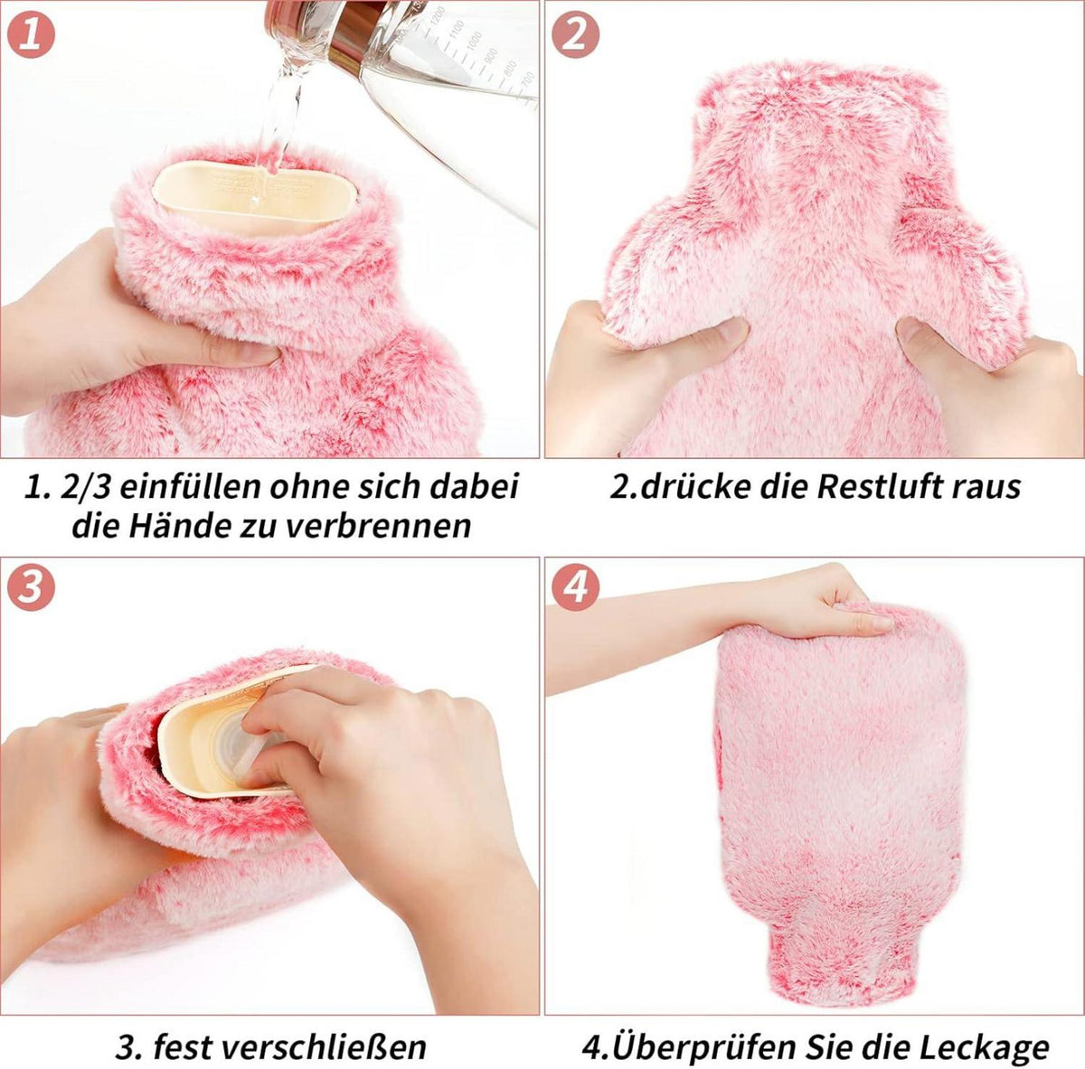 Wärmflasche mit Fellbezug und Kängurutasche 2L Rosa