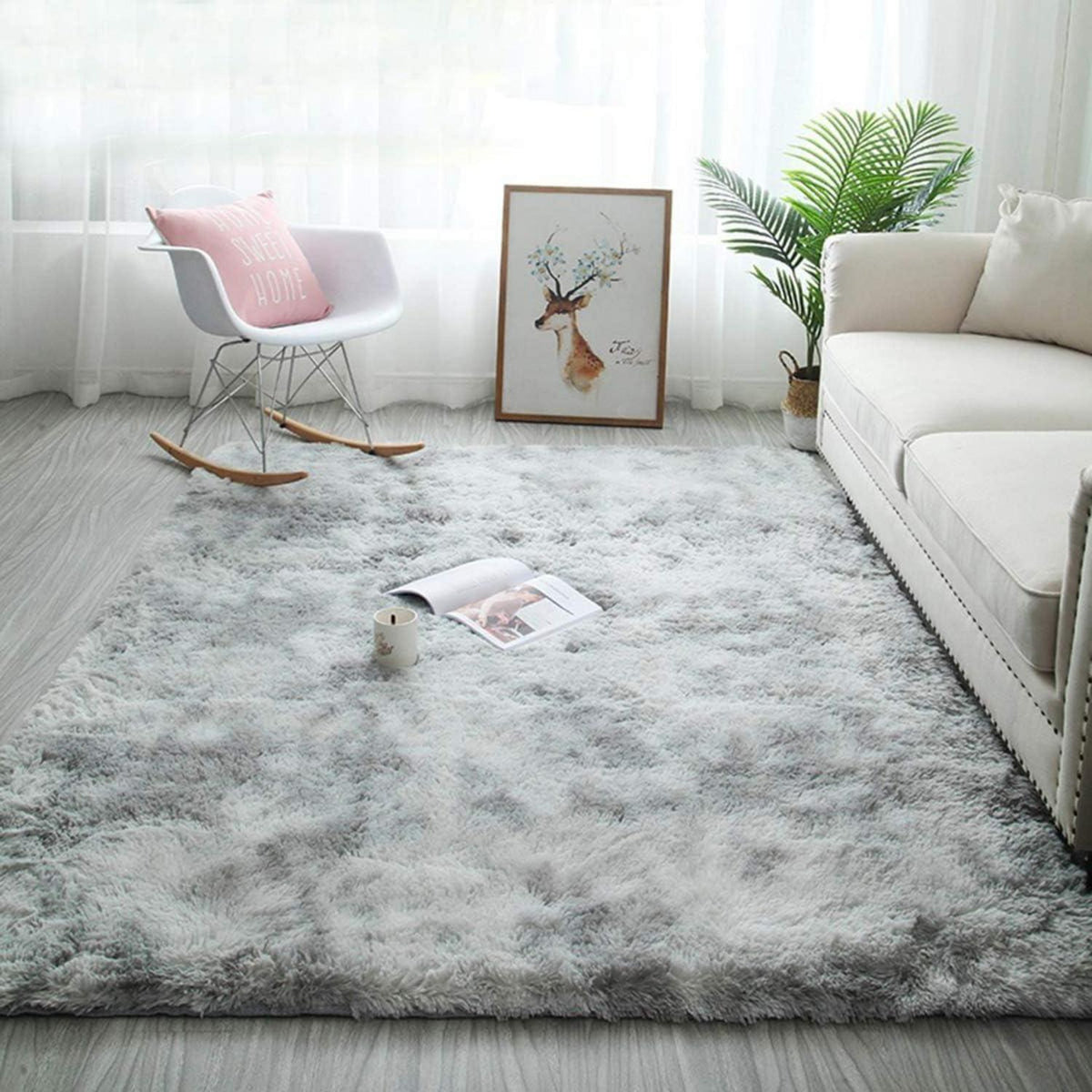 Flauschiger Rundteppich Grau Weiß 200x250cm – Weich & Rutschfest