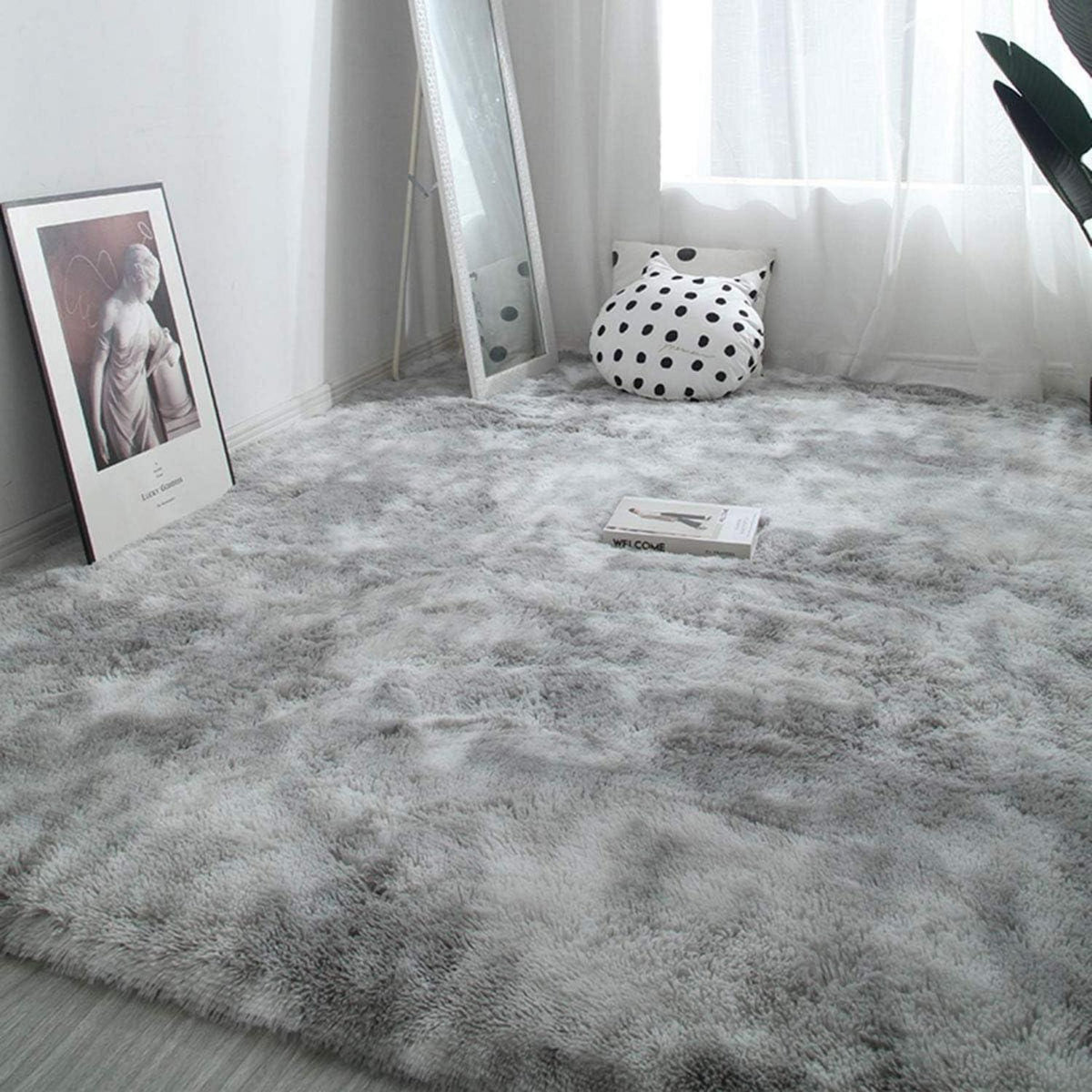 Flauschiger Teppich Rund Modern Hochflor Rutschfest Grau Weiß 200x200cm