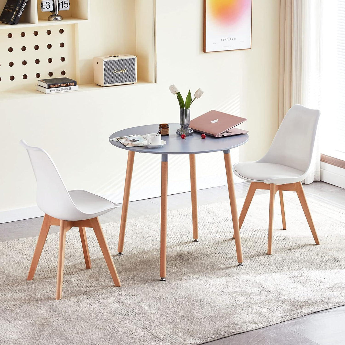 Moderner Küchentisch – Rund, Grau, 80x80cm, 4 Buchenbeine