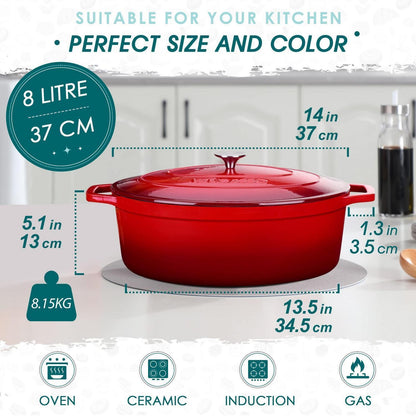 Gusseiserner Bräter mit Deckel, 8L, Rot – Perfekt zum Brotbacken