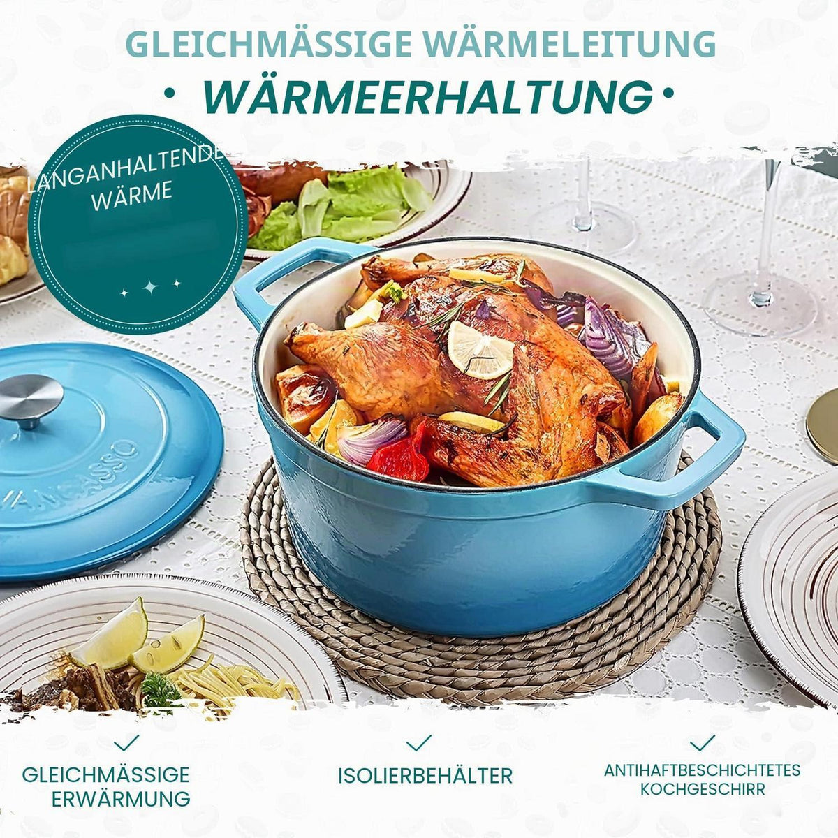 Gusseiserner Bräter mit Deckel, 5L, Blau