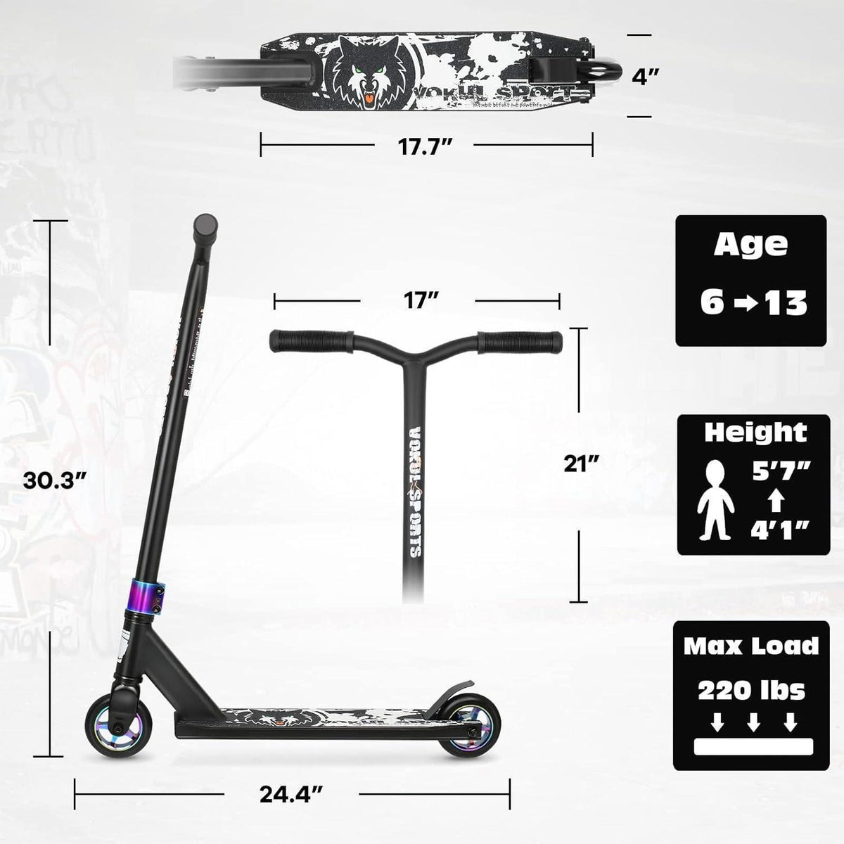 Stunt Scooter Profi für Kinder & Jugendliche, 360° Lenkung, Schwarz