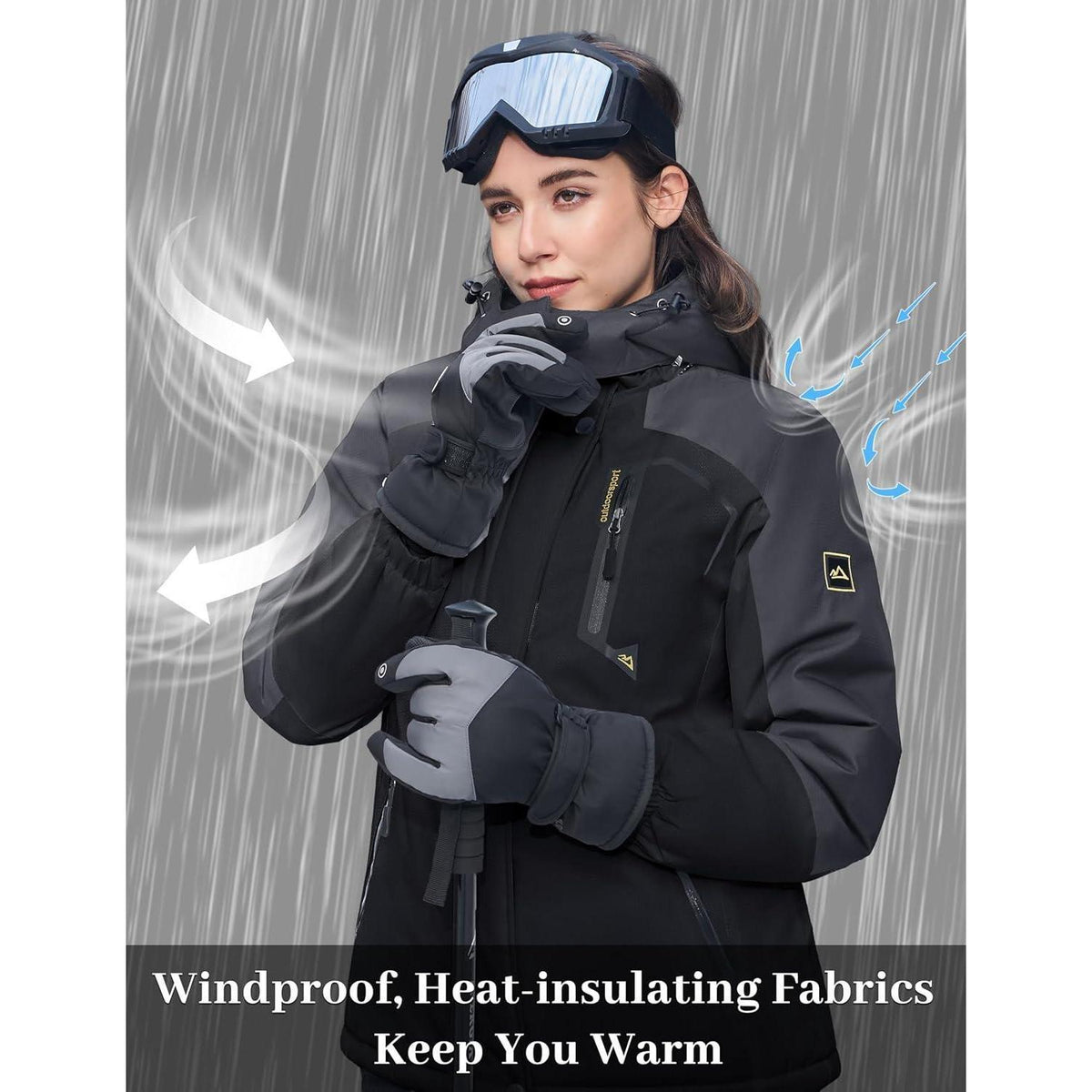 Damen Winterjacke mit Fleece, wasserdicht, abnehmbarer Hut, Schwarz/Grau
