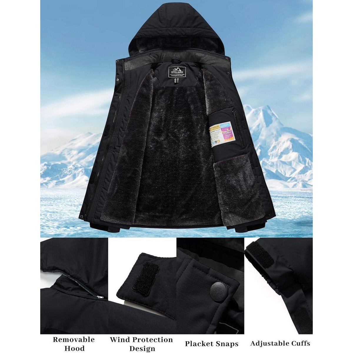 Damen Skijacke Winterjacke Fleece Parka Schwarz