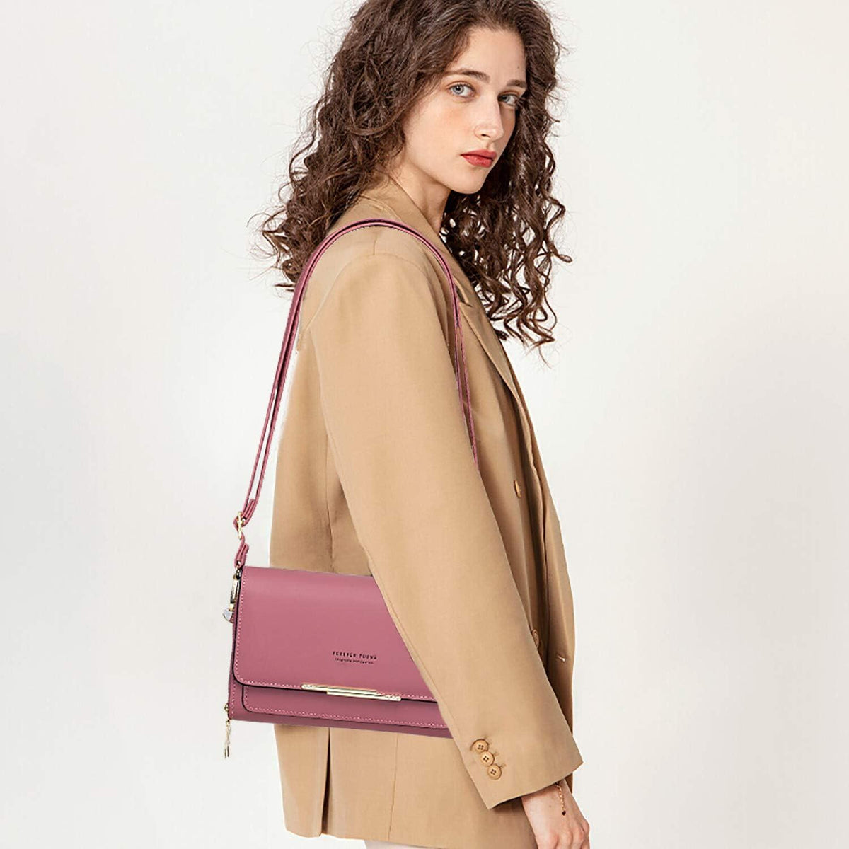 Damen PU Leder Umhängetasche Crossbody Handytasche Kartenschlitz - A-purpur Rosa