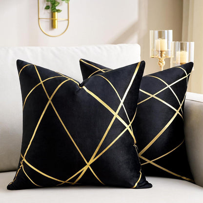 Samt Kissenbezug Schwarz 45x45 cm - 2er Set mit Golddetail
