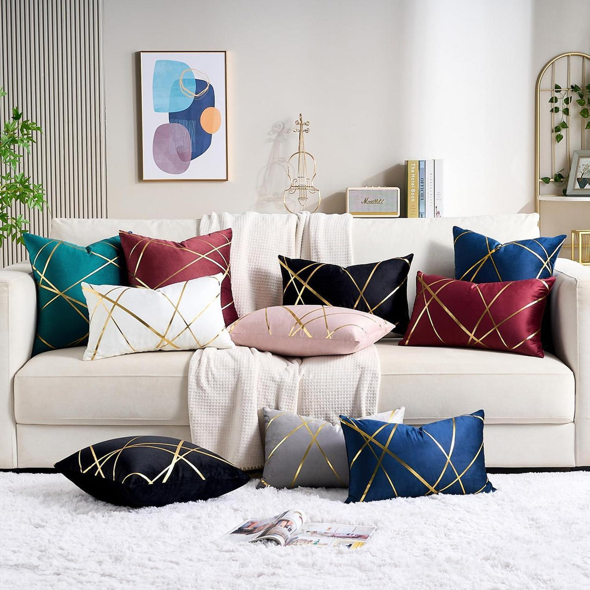 Samt Kissenbezug Schwarz 45x45 cm - 2er Set mit Golddetail