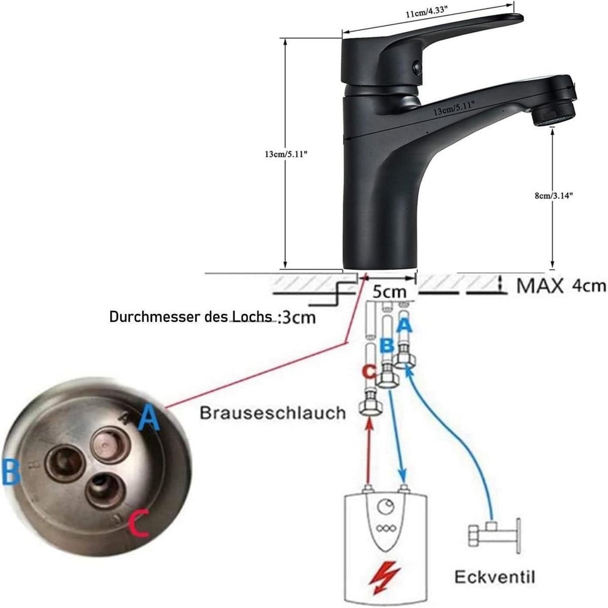Niederdruck Badarmatur Schwarz – Einhebelmischer mit Wassersparfunktion