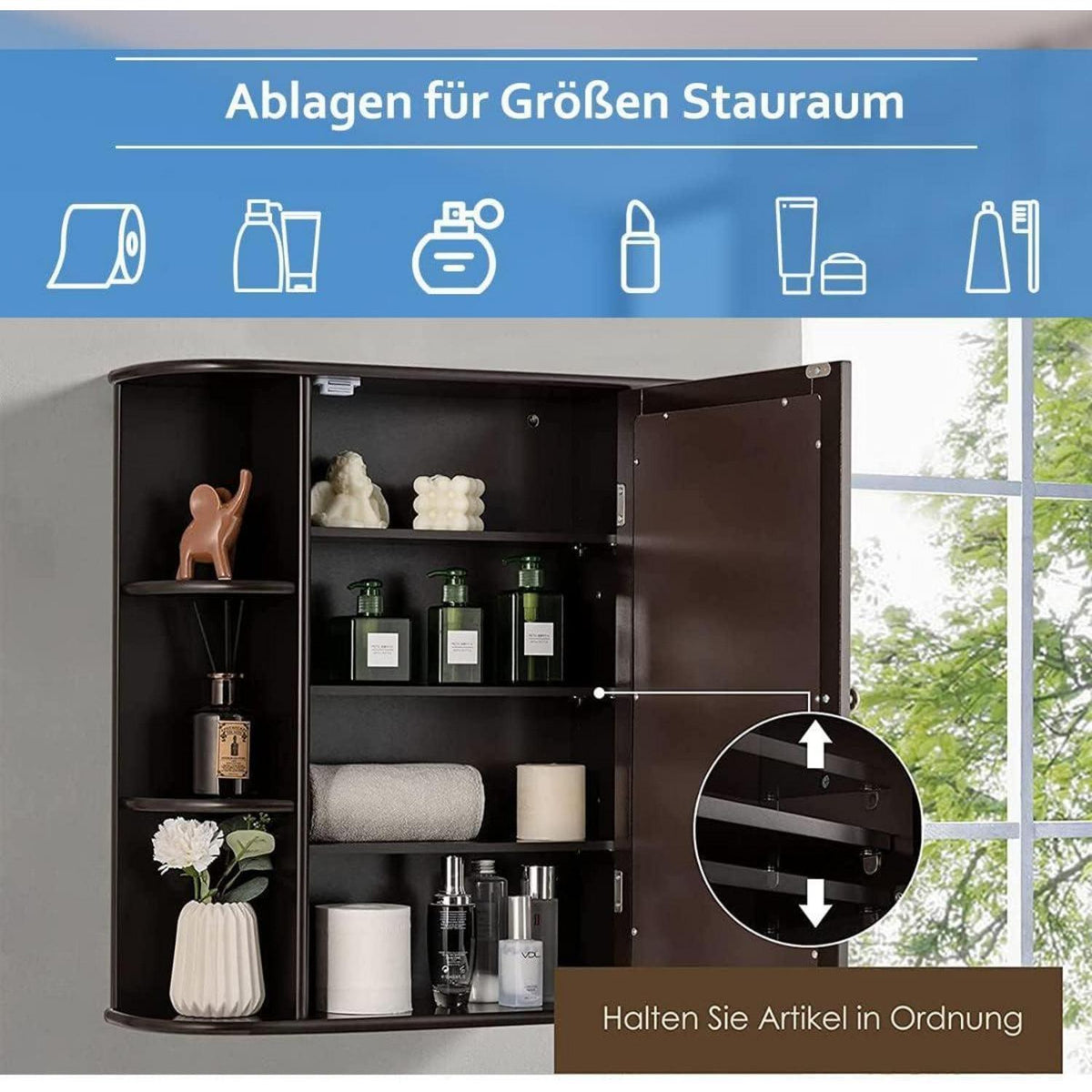 Hängender Spiegelschrank Braun – 65x17x63 cm mit Ablagen