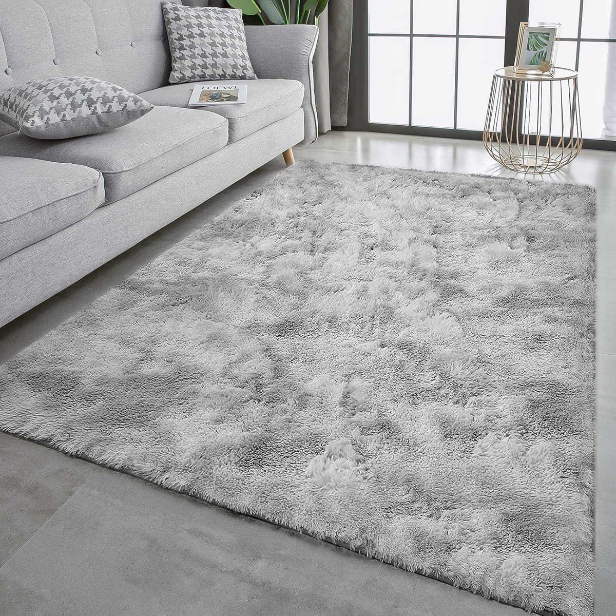 Hochflor Teppich Grau Weiß 200x200 cm Flauschig Weich