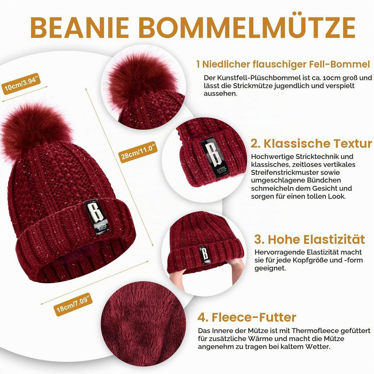 Mützen-Schal-Handschuh-Set Damen 5-teilig Weinrot