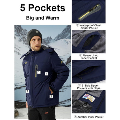Herren Winterjacke Fleece warm winddicht wasserdicht abnehmbare Kapuze Dunkelblau L
