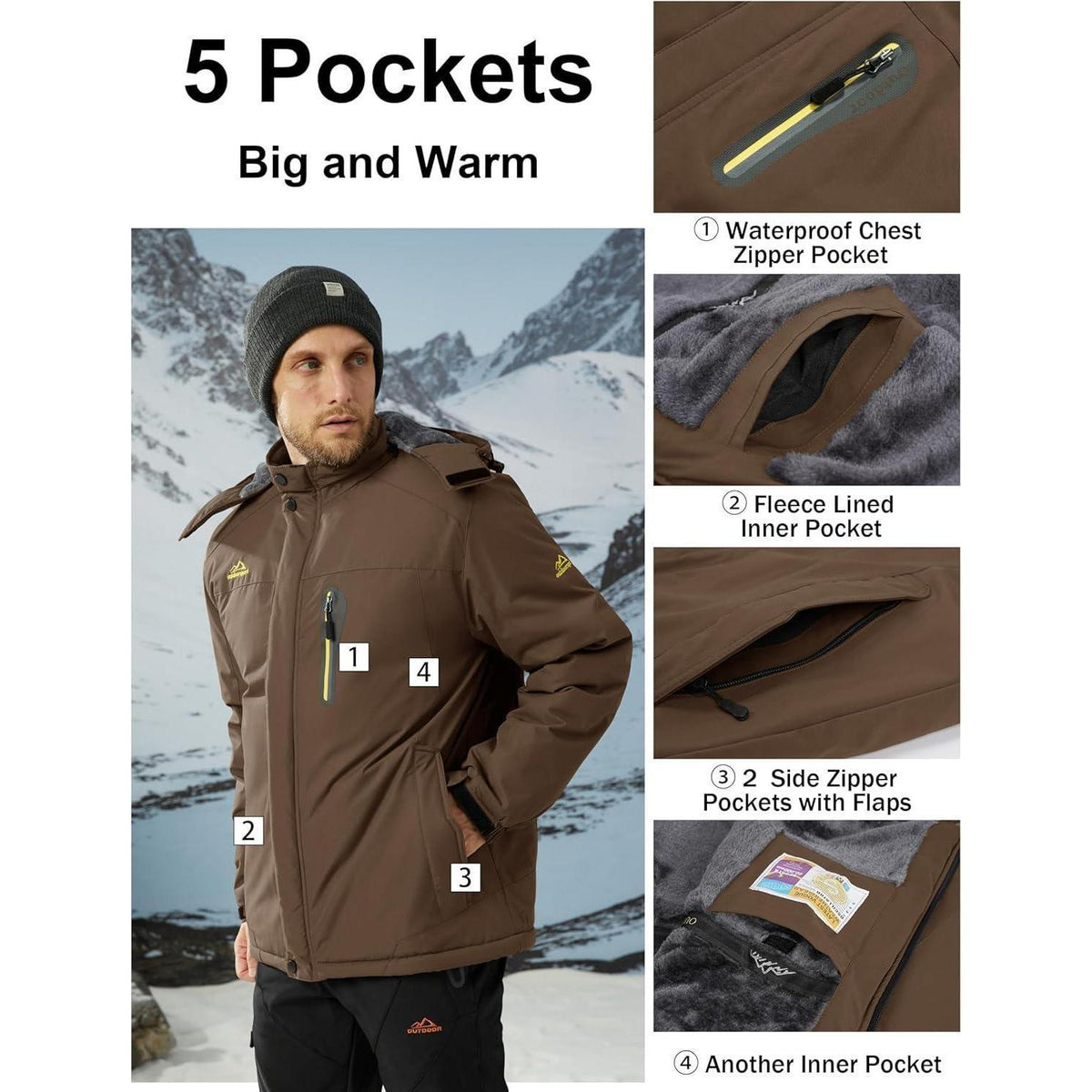 Herren Winterjacke warm gefüttert abnehmbare Kapuze Wandern Camping