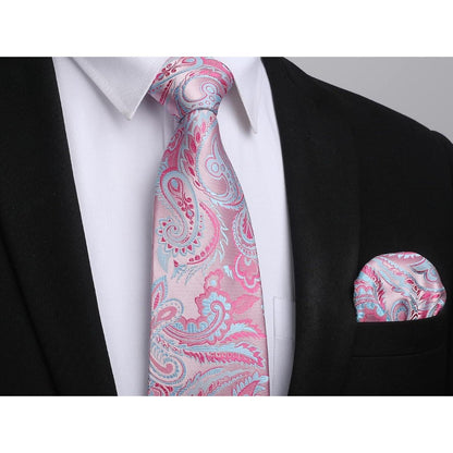 Herren Krawatte & Einstecktuch Set Rosa Paisley Seide