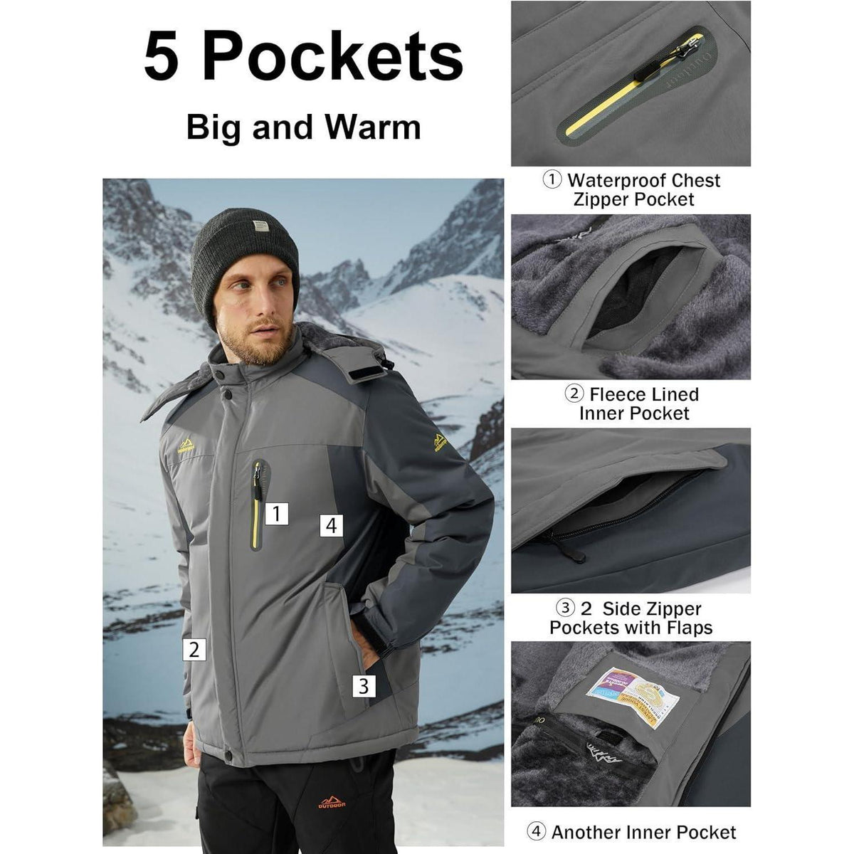 Herren Fleecejacke Winter Warm Gefüttert Winddicht Wasserdicht Jacke Grau M