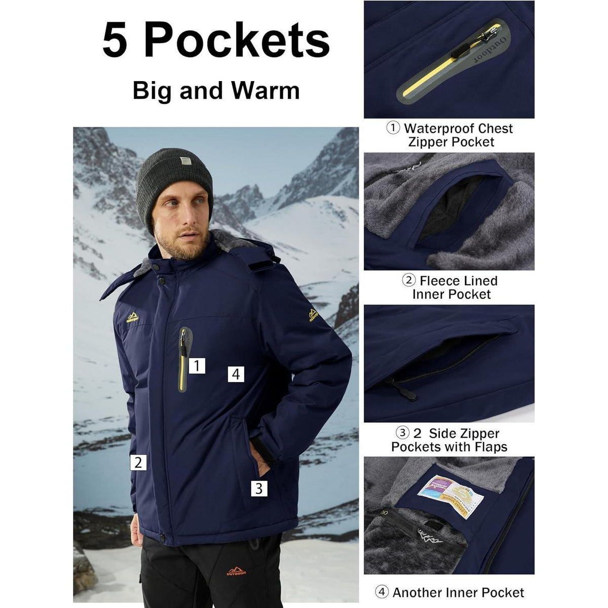 Herren Winterjacke Fleece gefüttert winddicht wasserdicht Dunkelblau 3XL