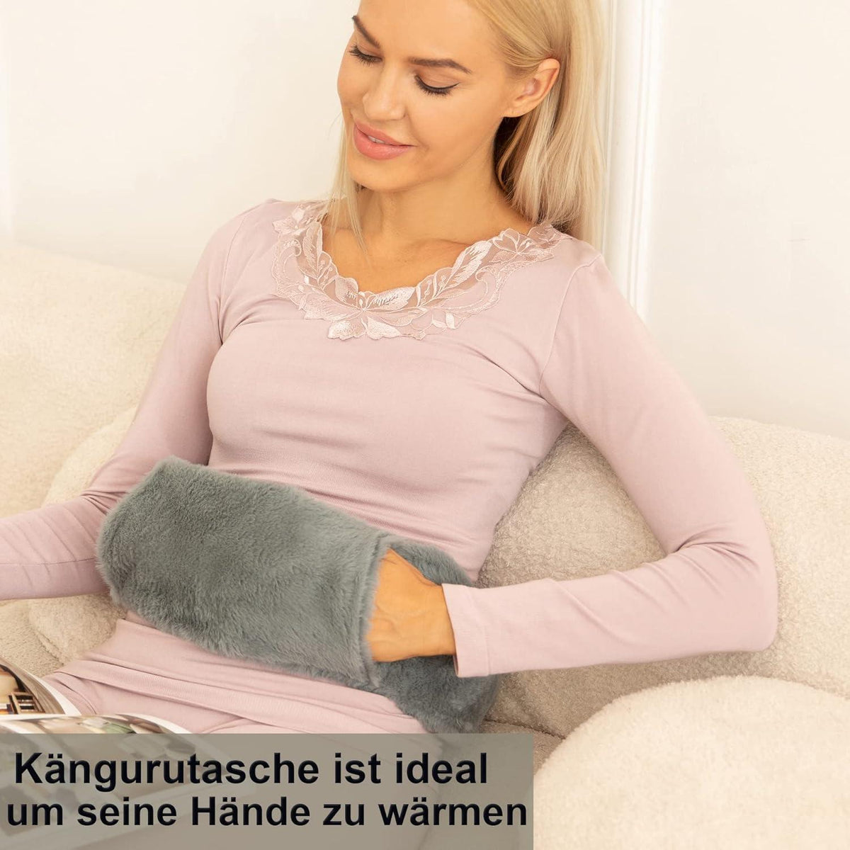 Wärmflasche Lang mit Kängurutaschen und Gurt 72cm 2 Liter Grau
