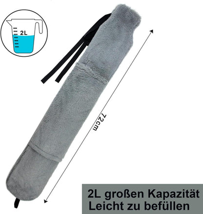 Wärmflasche Lang mit Kängurutaschen und Gurt, 72cm 2 Liter, Weich Bezug, Grau