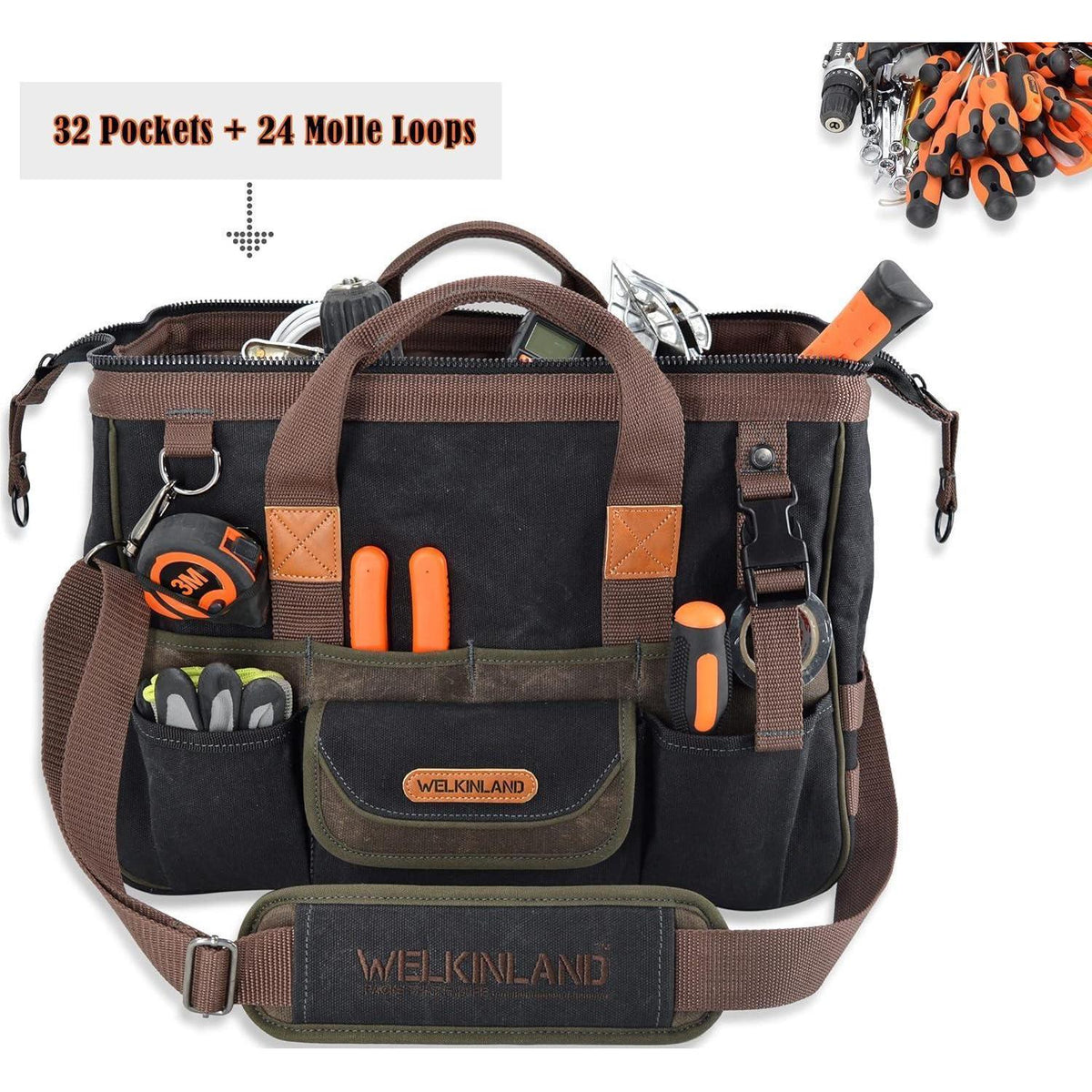 Werkzeugtasche aus gewachstem Segeltuch mit 32 Taschen