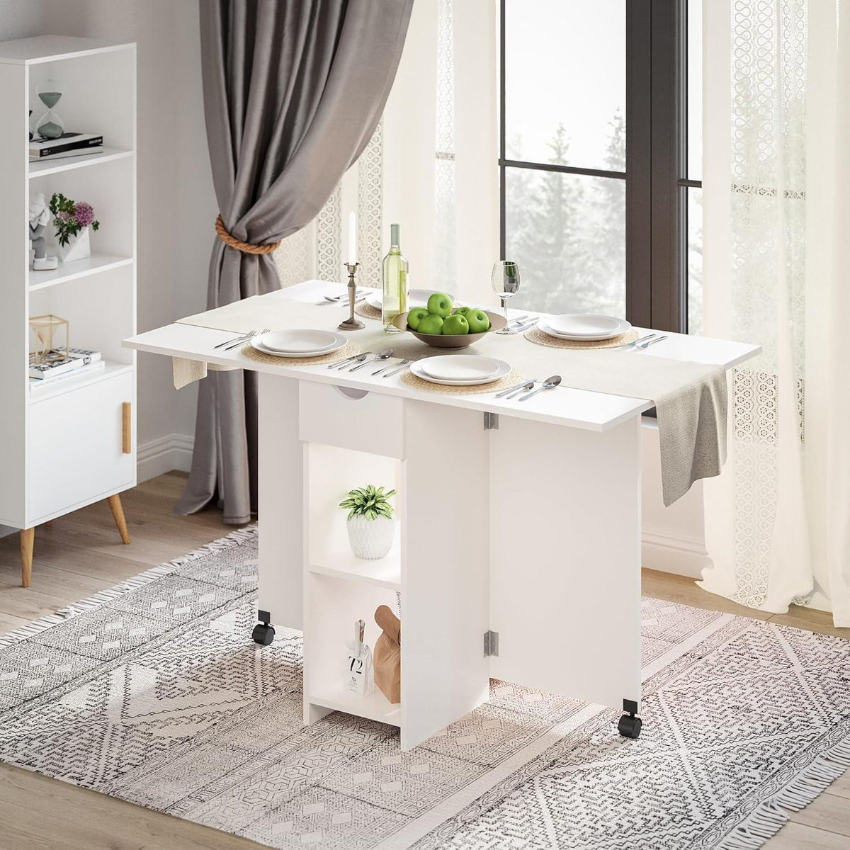 Klapptisch mit Schublade und Ablagen, ausziehbar, weiß