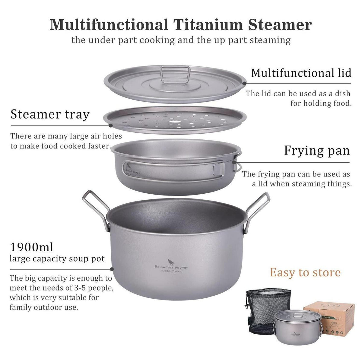 Titan Kochtopf Set – Leichtes Camping Kochgeschirr mit Deckel