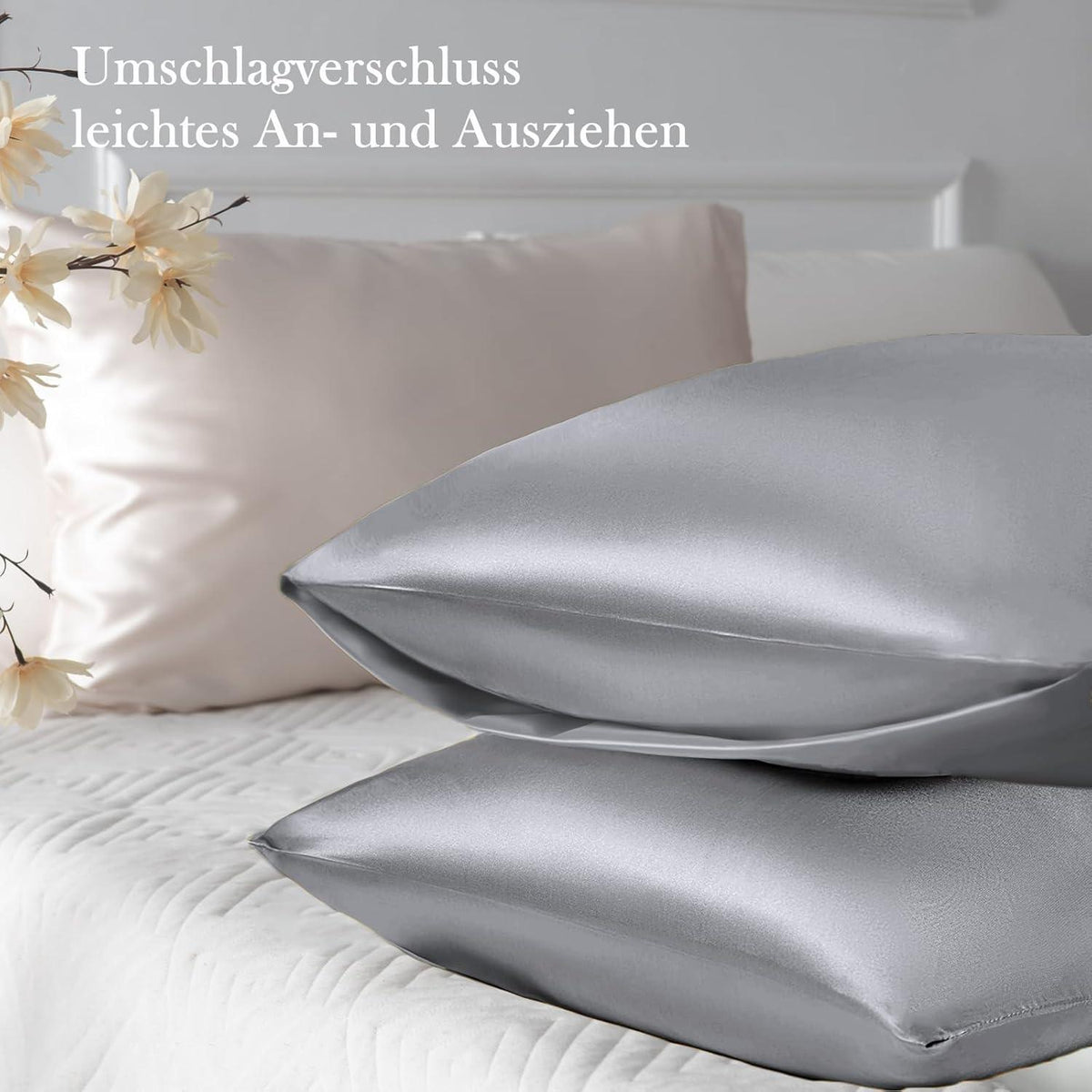 Satin Kissenbezug 40x80 Grau 2er Set mit Haargummis