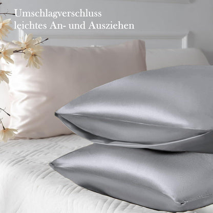 Satin Kissenbezug 40x80 Grau 2er Set mit Haargummis