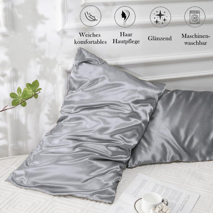 Satin Kissenbezug 40x80 Grau 2er Set - Haargummis - Pflege für Haare & Haut