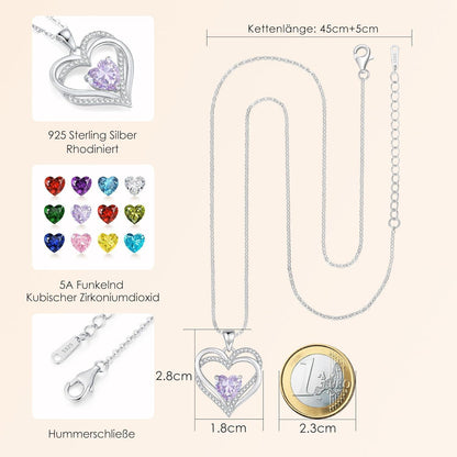 Damen Halskette Herz mit Geburtsstein 925 Sterling Silber