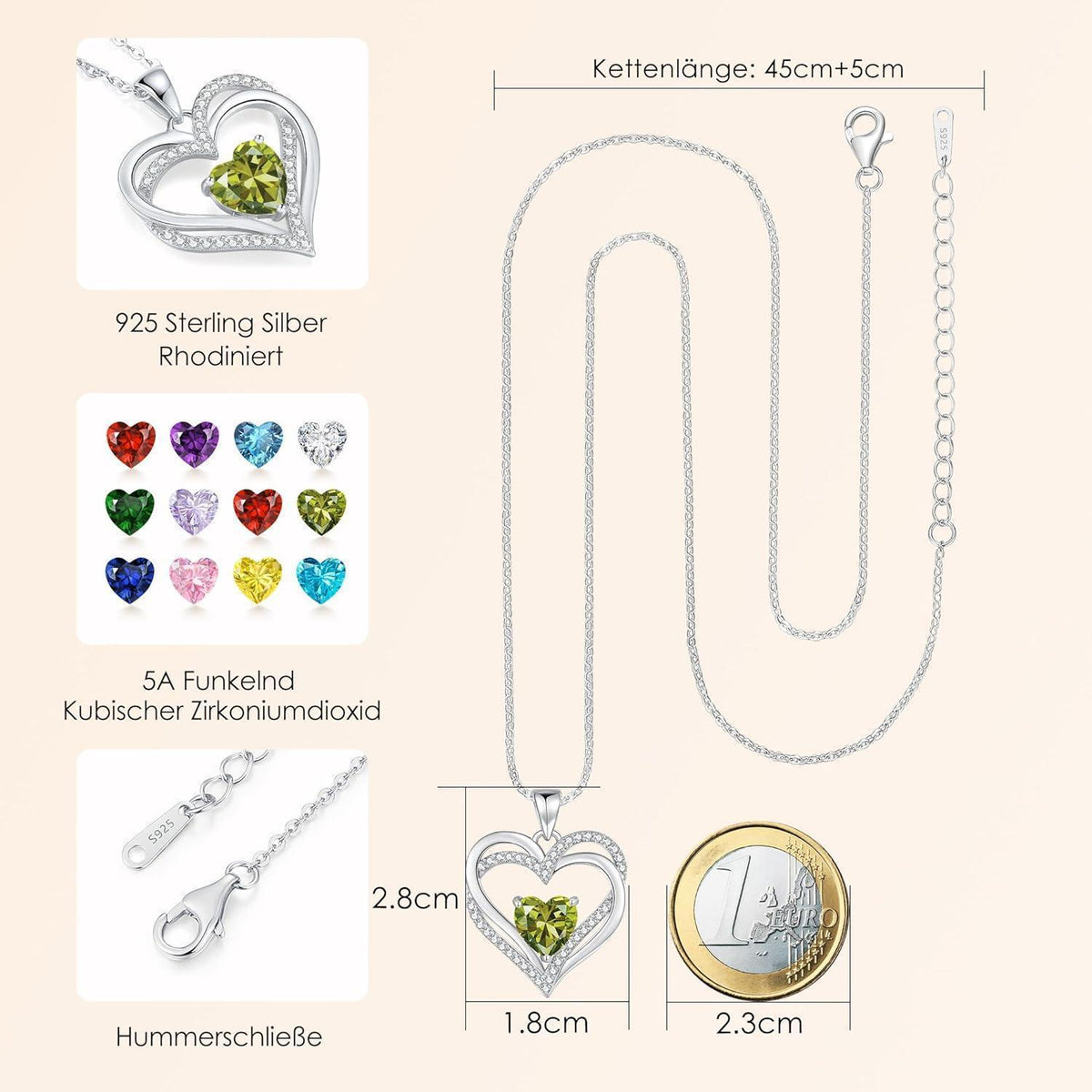 Damen Halskette Herz mit Geburtsstein 925 Sterling Silber