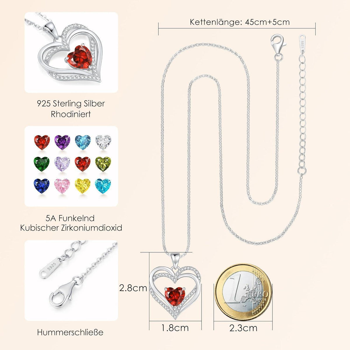 Damen Halskette Herz mit Geburtsstein 925 Sterling Silber