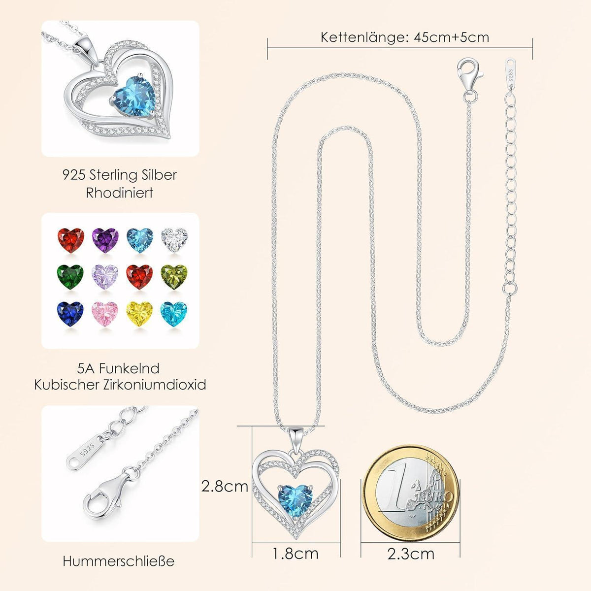 Herz Kette Damen 925 Sterling Silber mit Geburtsstein - März