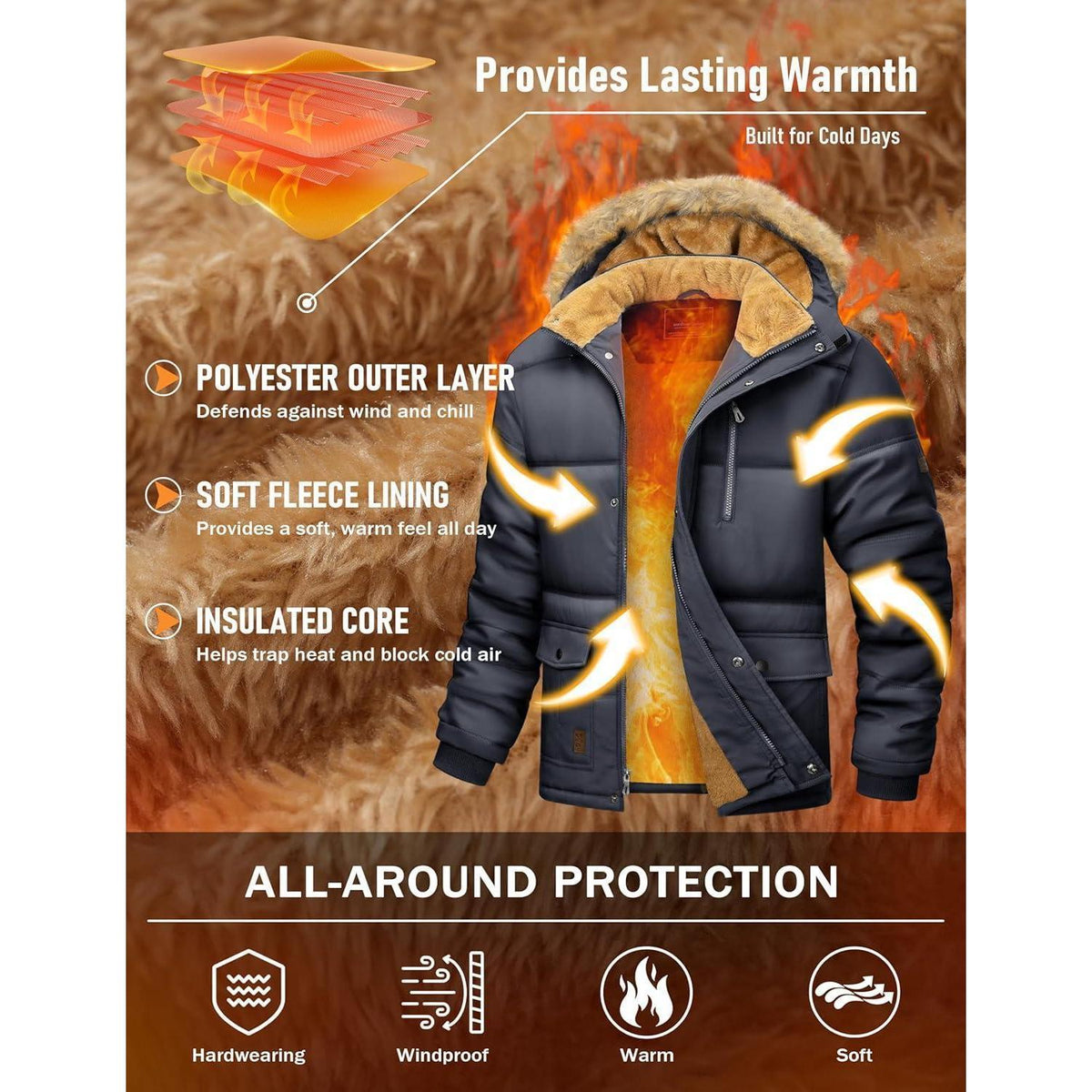 Herren Winter Parka mit abnehmbarer Kapuze, warm gefüttert, dunkelgrau 3XL