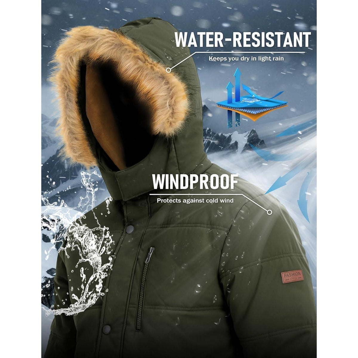 Herren Winterparka Fleecejacke Winddicht & Warm – Outdoor Jacke Armee Grün