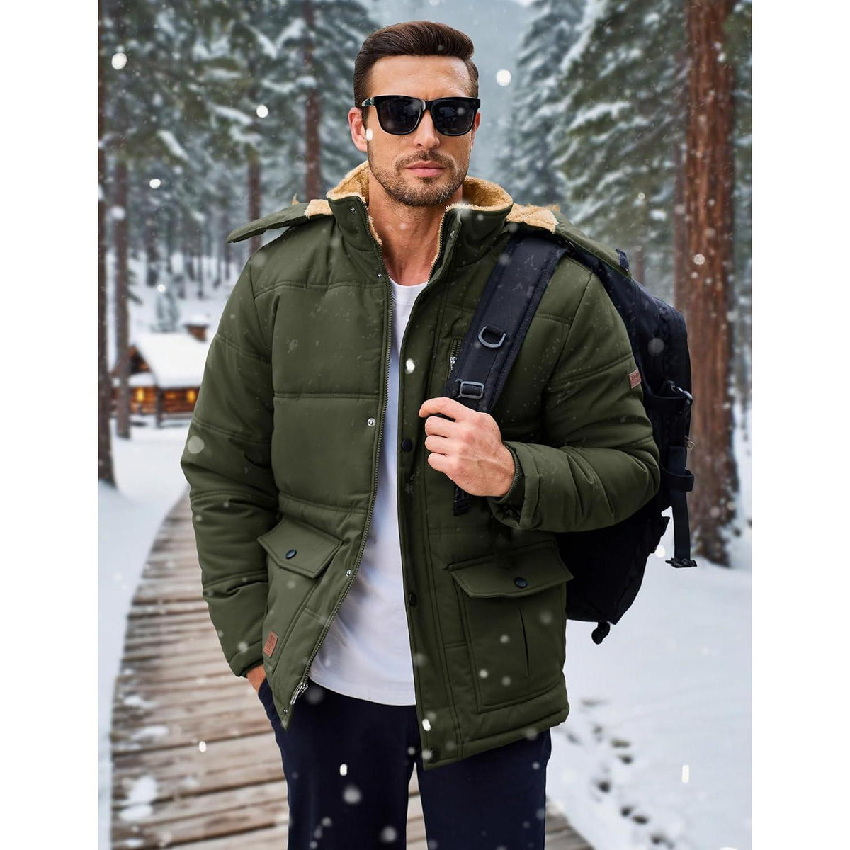 Herren Winterparka Fleecejacke Winddicht & Warm – Outdoor Jacke Armee Grün