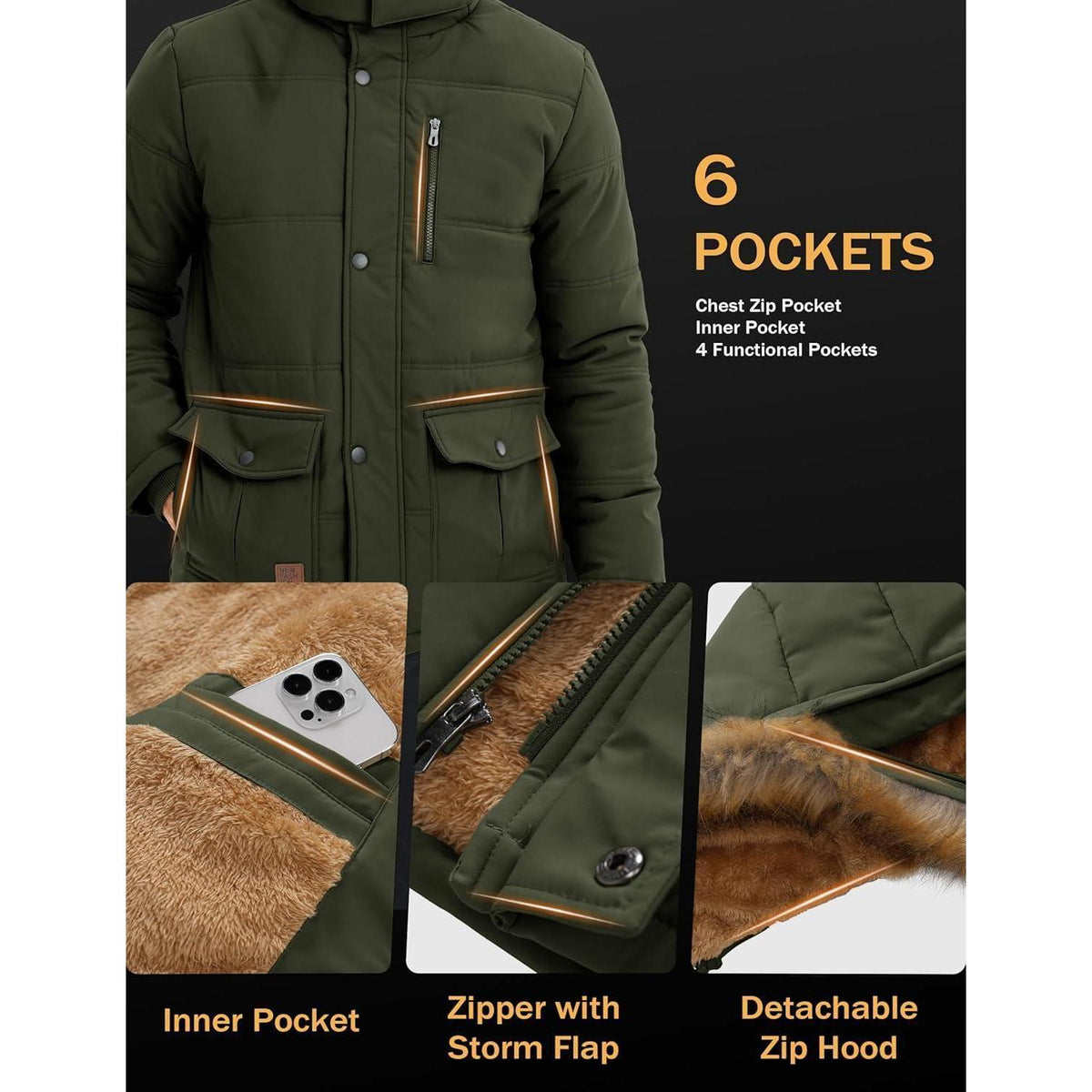 Herren Winterparka Fleecejacke Winddicht & Warm – Outdoor Jacke Armee Grün