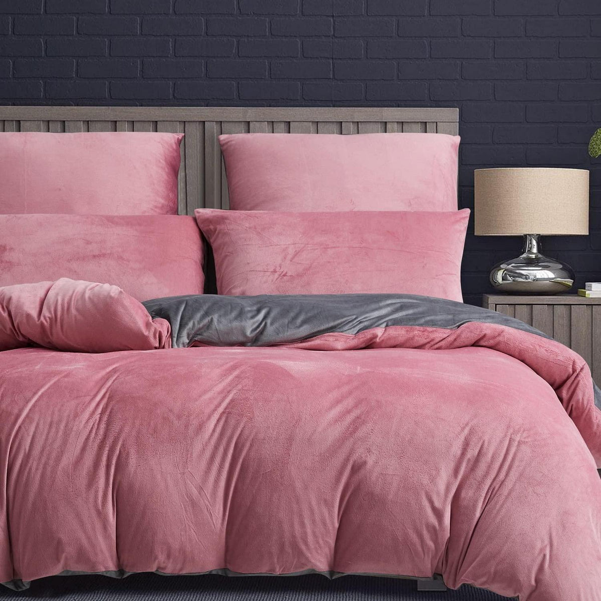 Flauschige Winterbettwäsche 135x200 - 4-teilig Rosa/Grau