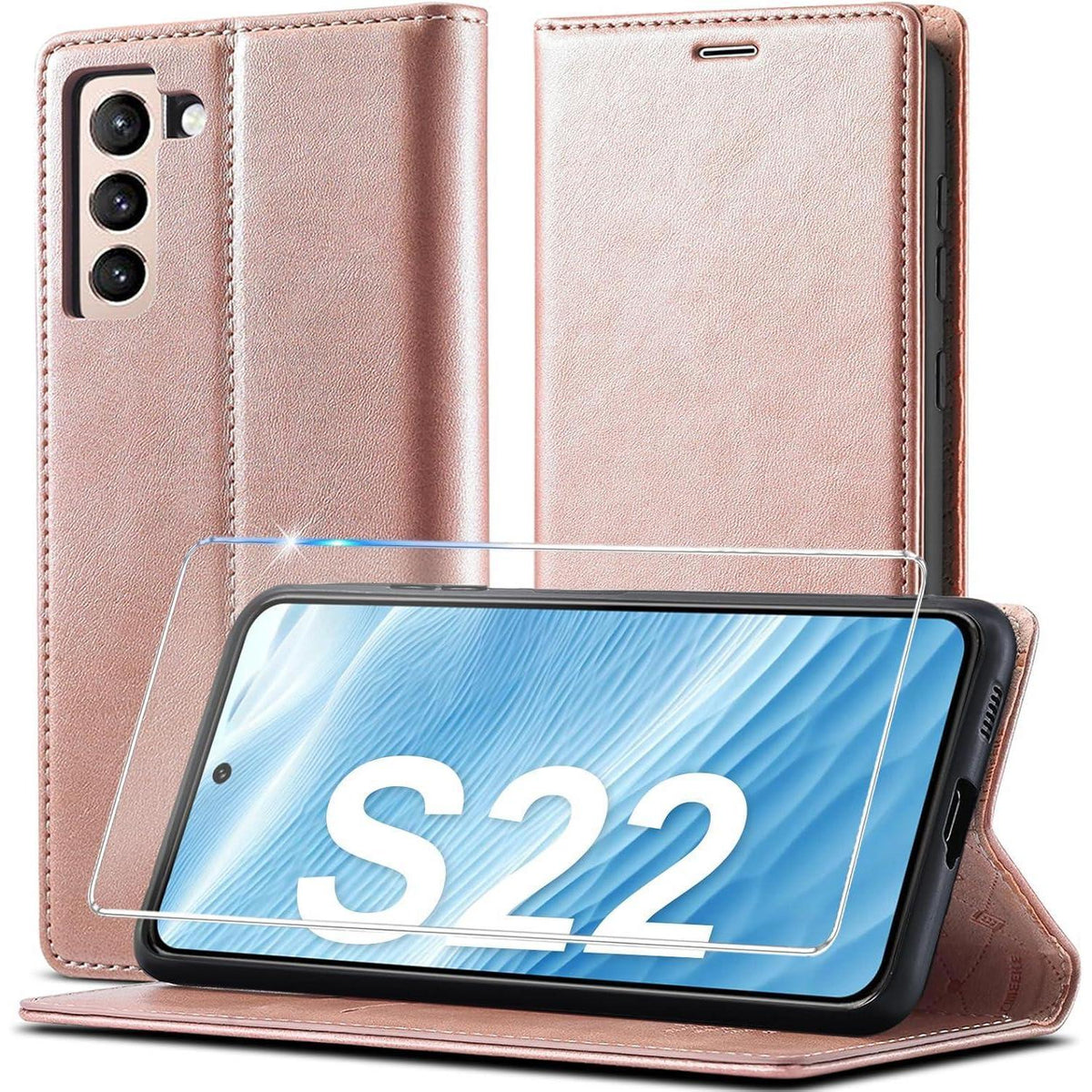 Samsung Galaxy S22 Klapphülle Pink mit Ständer & Kartenfach in Lederoptik