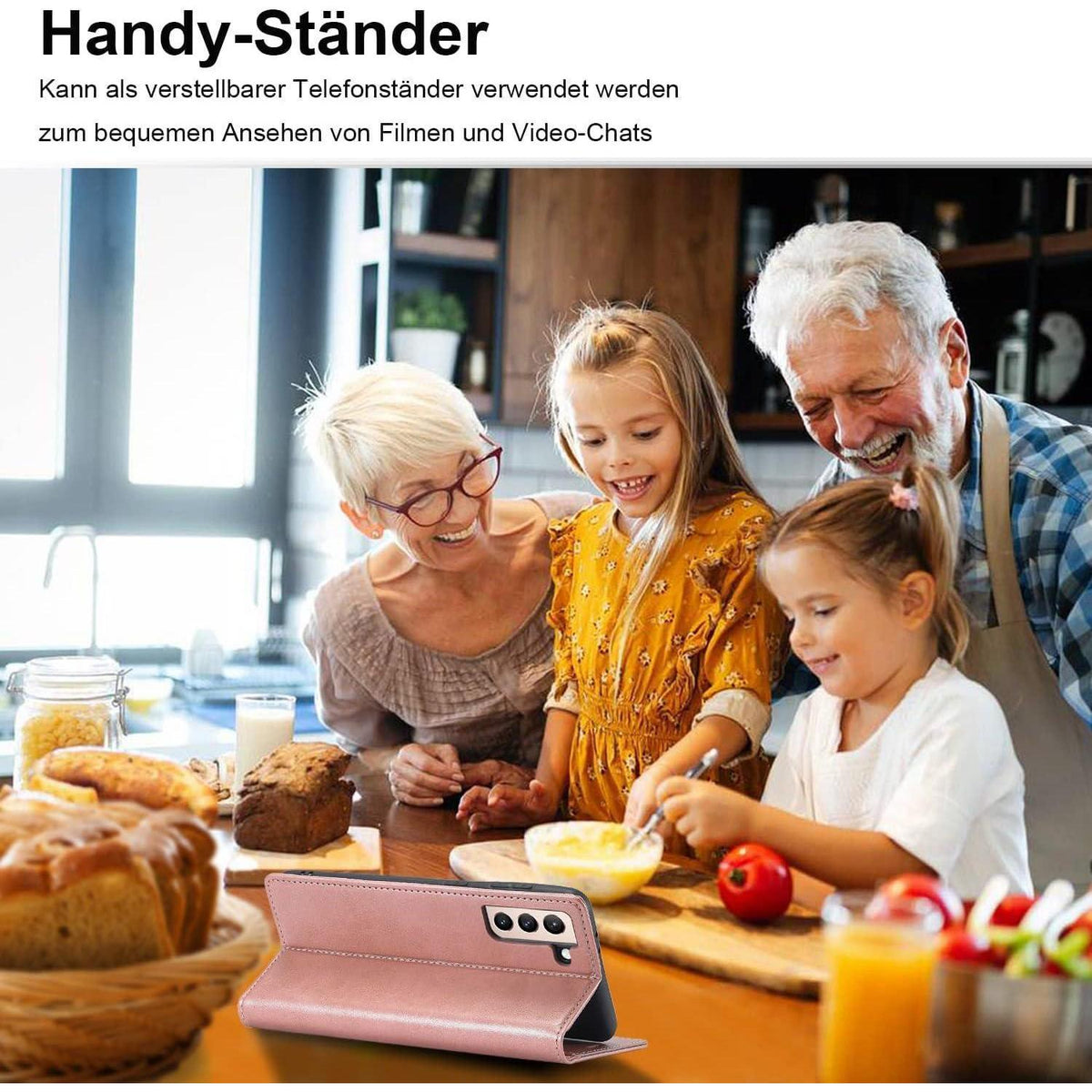 Samsung Galaxy S22 Klapphülle Pink mit Ständer & Kartenfach in Lederoptik