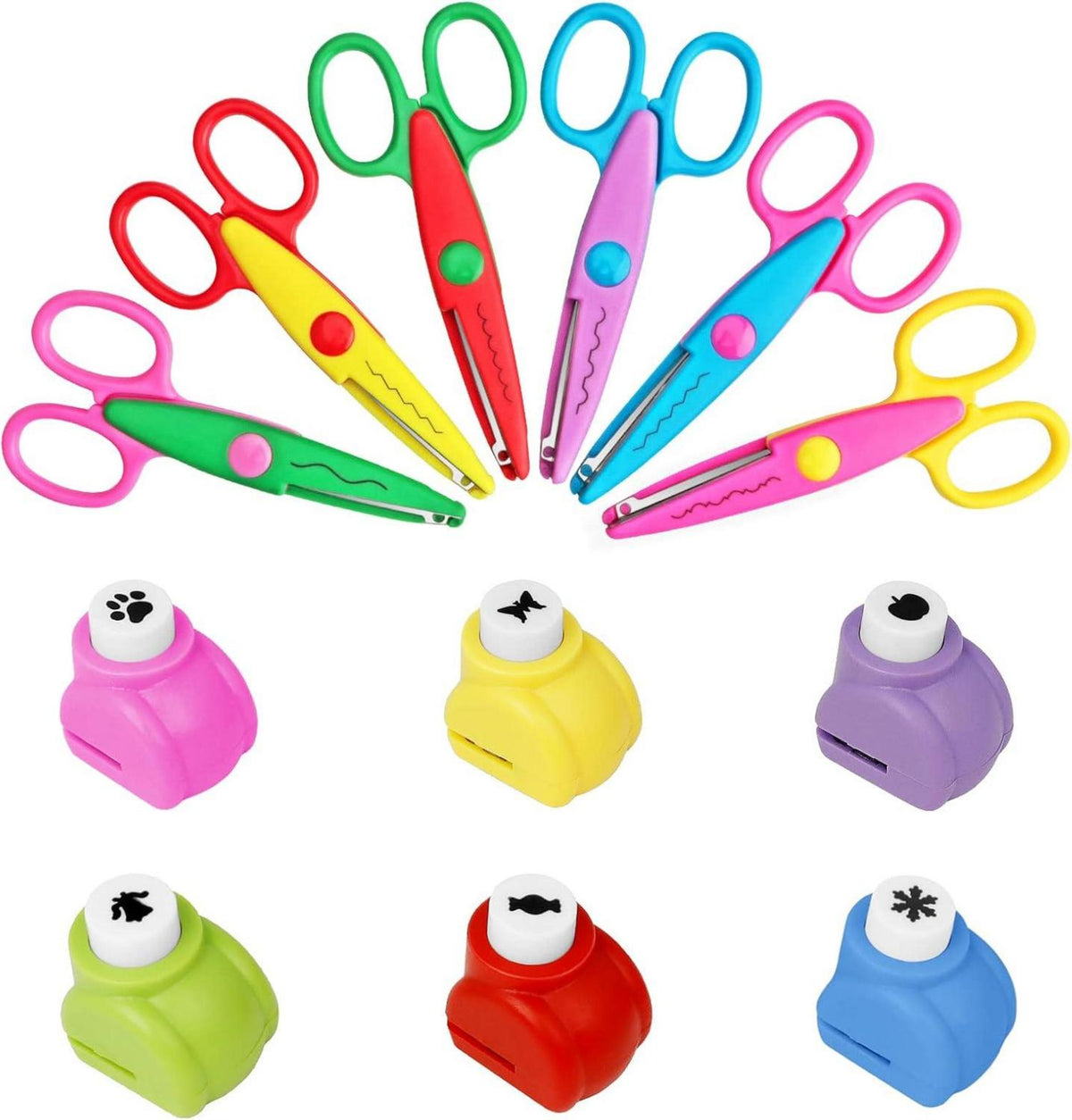 Kinder Bastelschere Set mit 6 Zickzackscheren & 6 Papierstanzern