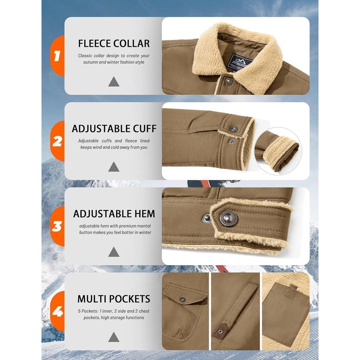 Herren Fleecejacke Winterparka mit 5 Taschen – Winddicht & Warm