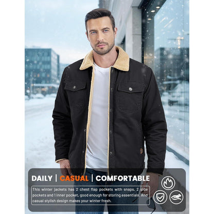 Herren Fleecejacke Winterparka mit 5 Taschen – Schwarz 3XL
