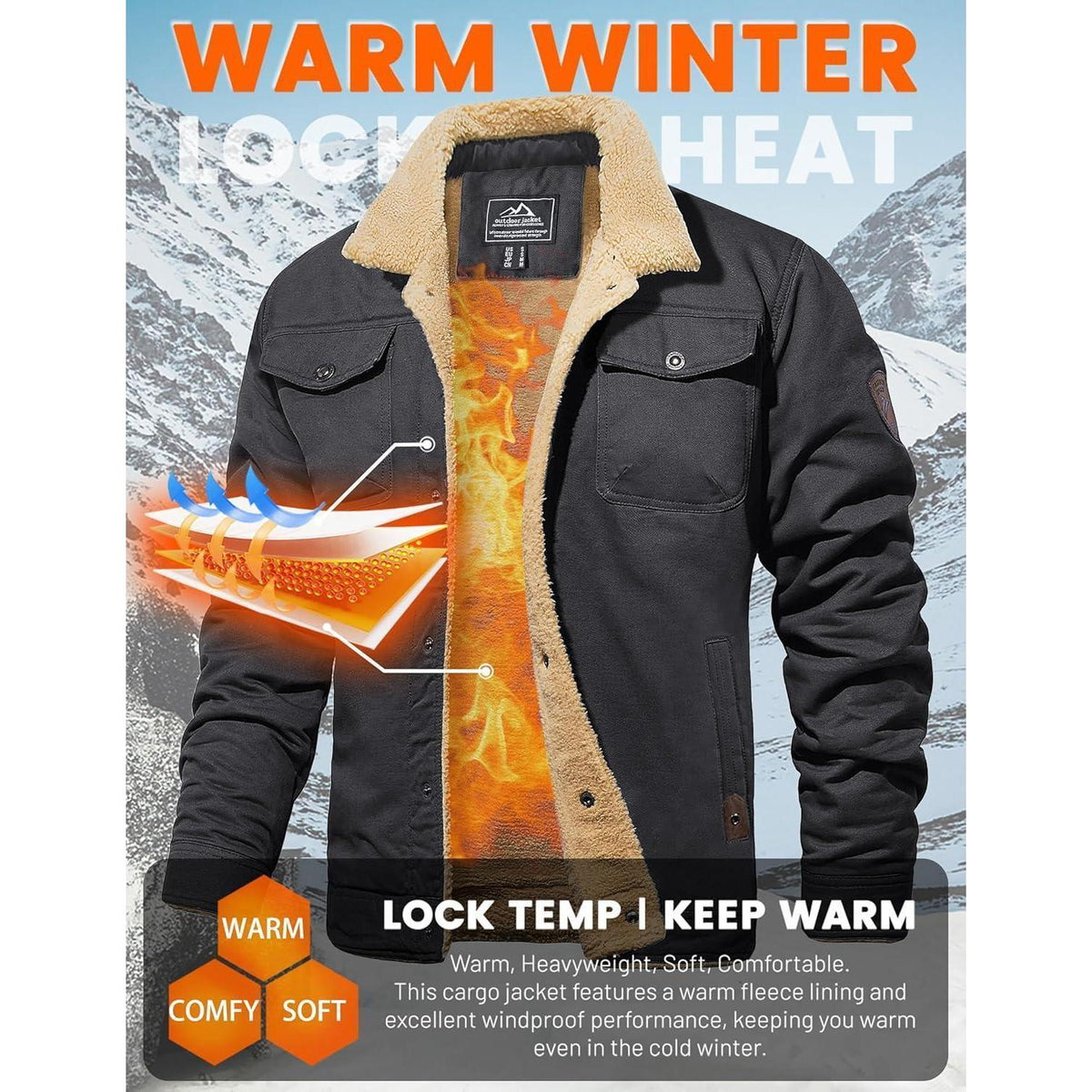 Herren Fleecejacke Winterparka mit 5 Taschen – Dunkelgrau